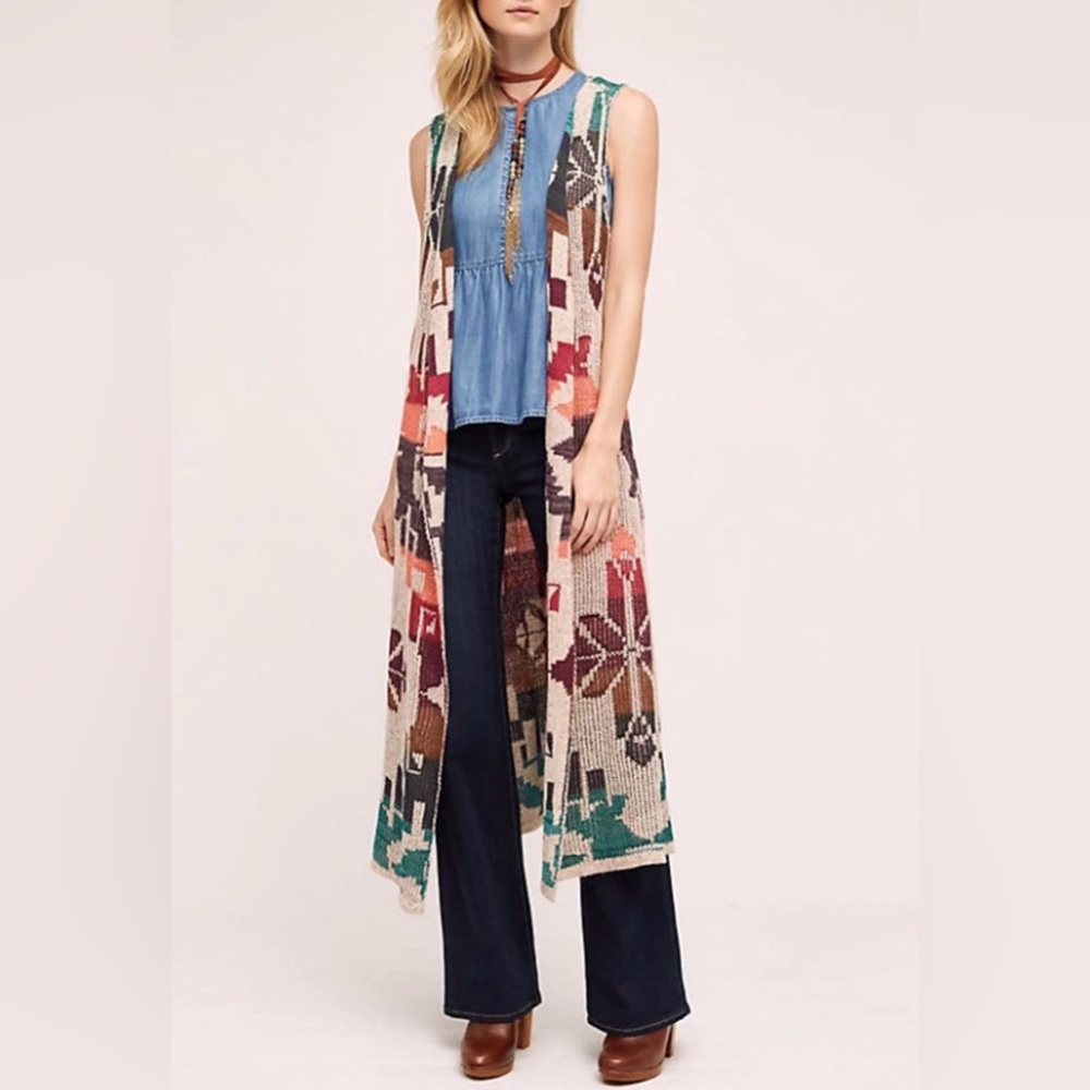 Cecilia Prado Open Front Long Sweater Vest Aztec Colorful Anthropologie Size M
